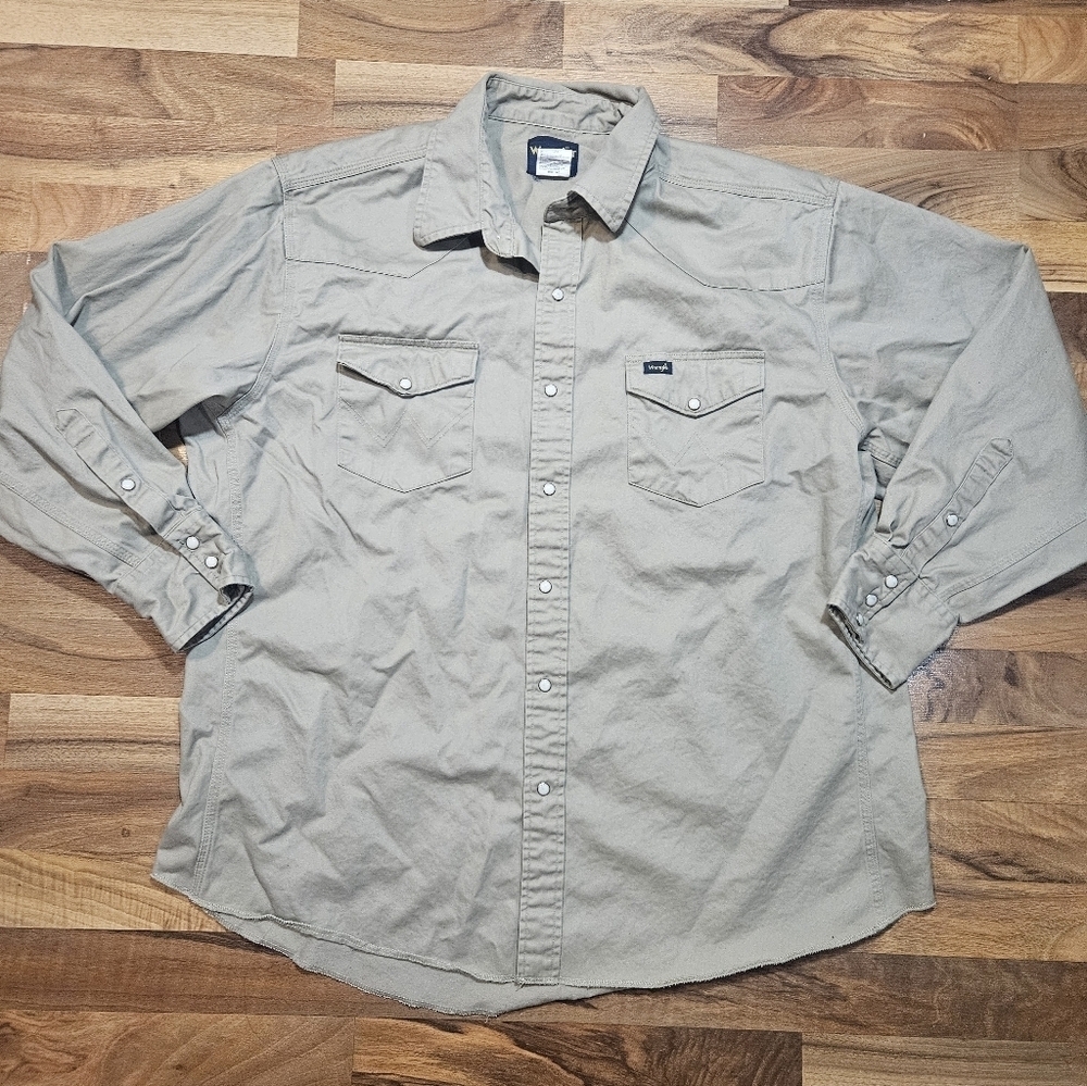 Wrangler Men's XXL Western Canvas Shirt Khaki Snap Button Long Sleeve Workwear